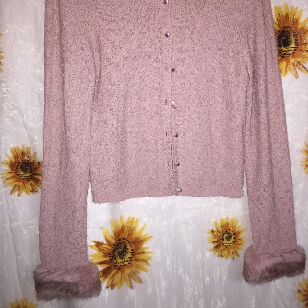 vintage mauve cardigan with fur on sleeves